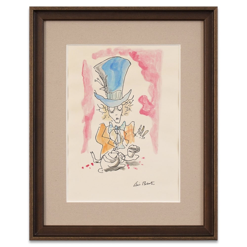 TIM BURTON SIGNED INK AND WATERCOLOR DRAWING: Image Dimensions: 11 5/8 x 8 1/4 in (29.6 x 20.8 cm) Framed Dimensions: 17 1/2 x 14 in (44.3 x 35.6 cm) Provenance and Authentication: According to the Letter of Authenticity (LOA) and Certificate of 