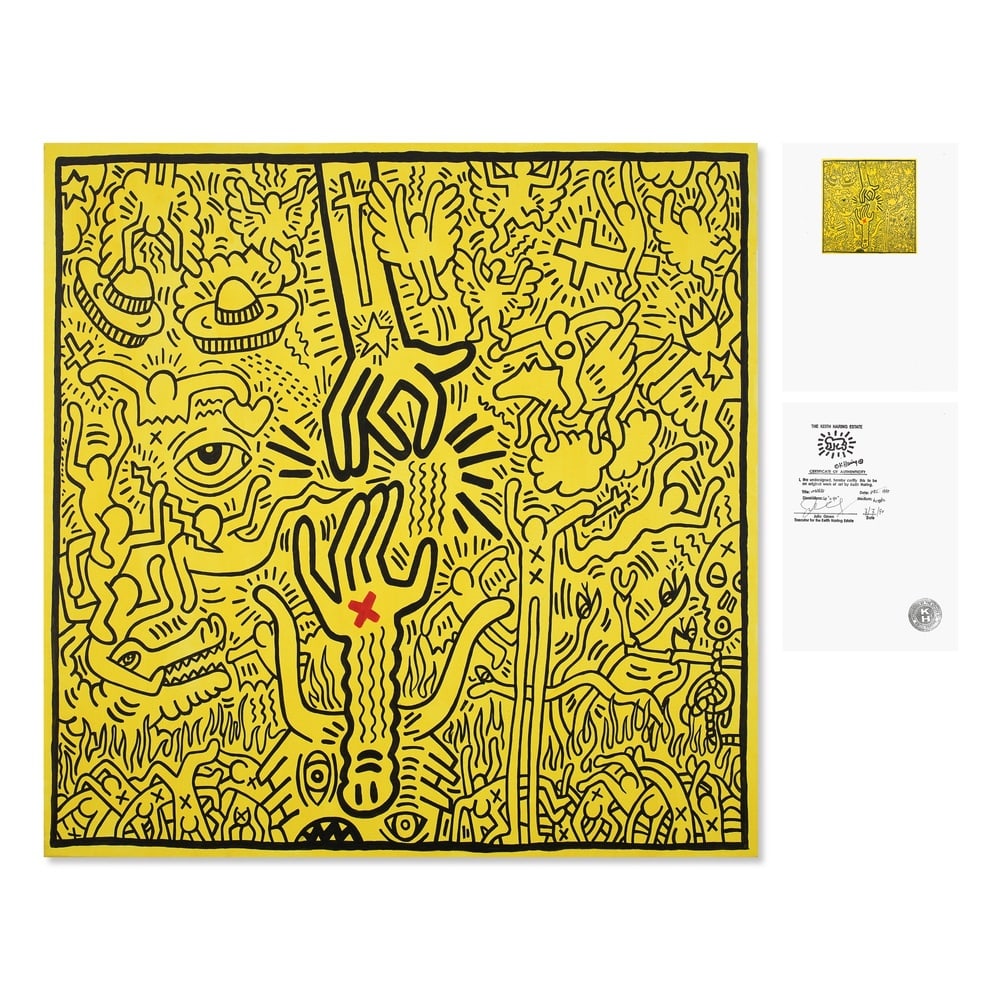 KEITH HARING (1958-1990), ATTRIBUTED TO, ACRYLIC ON CANVAS: Signed (verso) Image Dimensions: 40 x 40 in (101.6 x 101.6 cm) This painting comes with COA. Executed in 1985, this acrylic on canvas presents a densely interwoven field of figures, hands, birds,