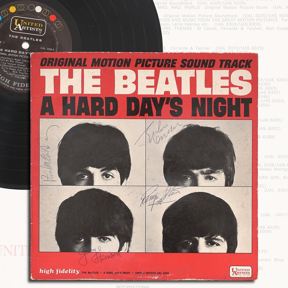 THE BEATLES FULLY SIGNED "A HARD DAY'S NIGHT" LP: 12 1/4 x 12 1/4 in Provenance and Authentication: According to the Letter of Authenticity (LOA) and Certificate of Authenticity (COA) provided by the consignor, this collectible was subjected to a for