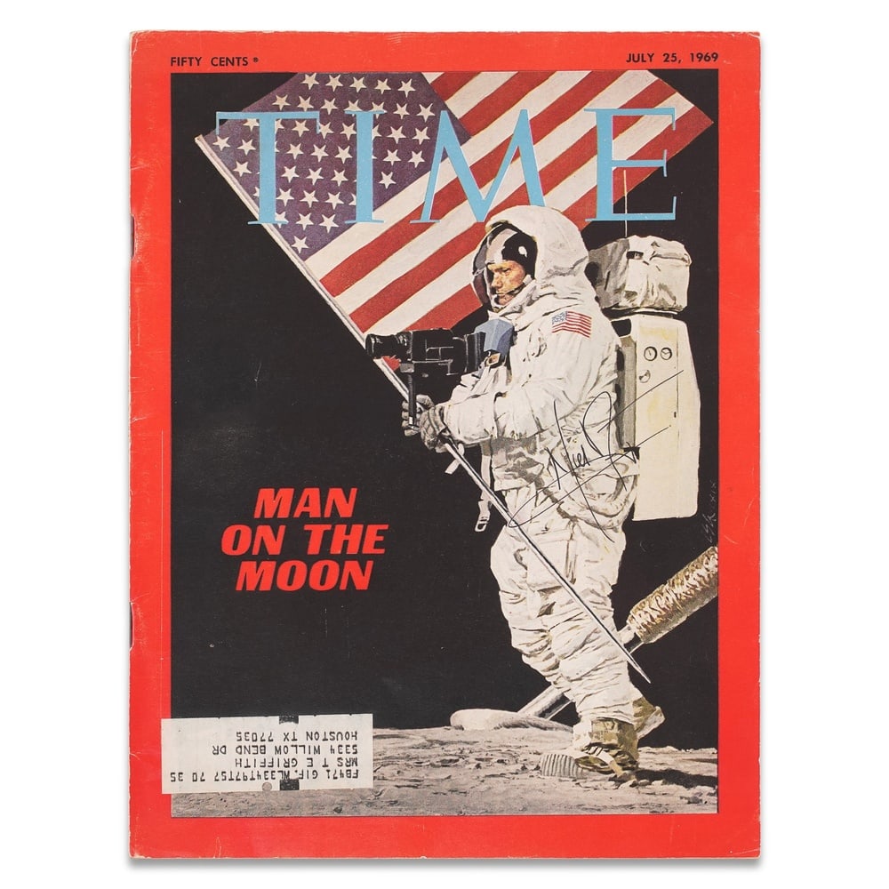 NEIL ARMSTRONG SIGNED "TIME" MAN ON THE MOON MAGAZINE (JULY 25, 1969): 11 1/8 x 8 1/4 in (28.2 x 21 cm) Provenance and Authentication: According to the Letter of Authenticity (LOA) and Certificate of Authenticity (COA) provided by the consignor, this collectible was subj