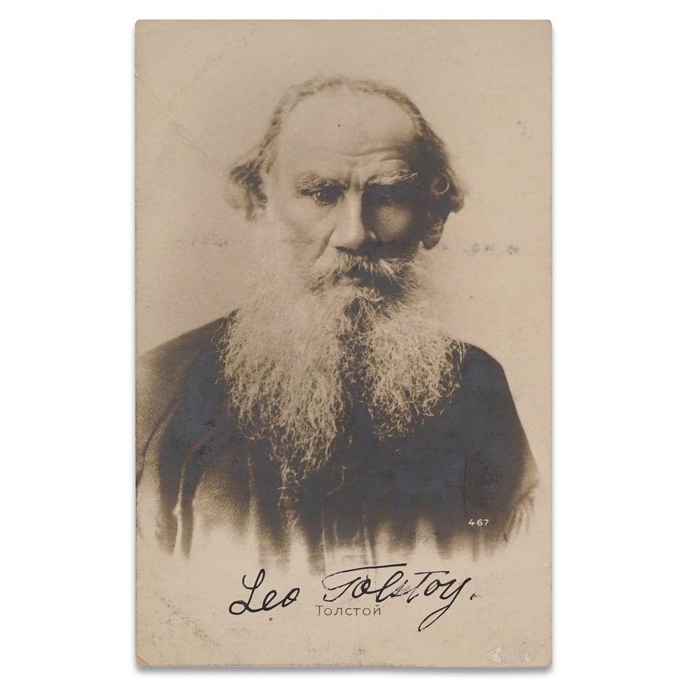 LEO TOLSTOY SIGNED PORTRAIT POSTCARD: 3 1/2 x 5 3/8 in (8.8 x 13.8 cm) Provenance and Authentication: According to the Letter of Authenticity (LOA) and Certificate of Authenticity (COA) provided by the consignor, this collectible was subj