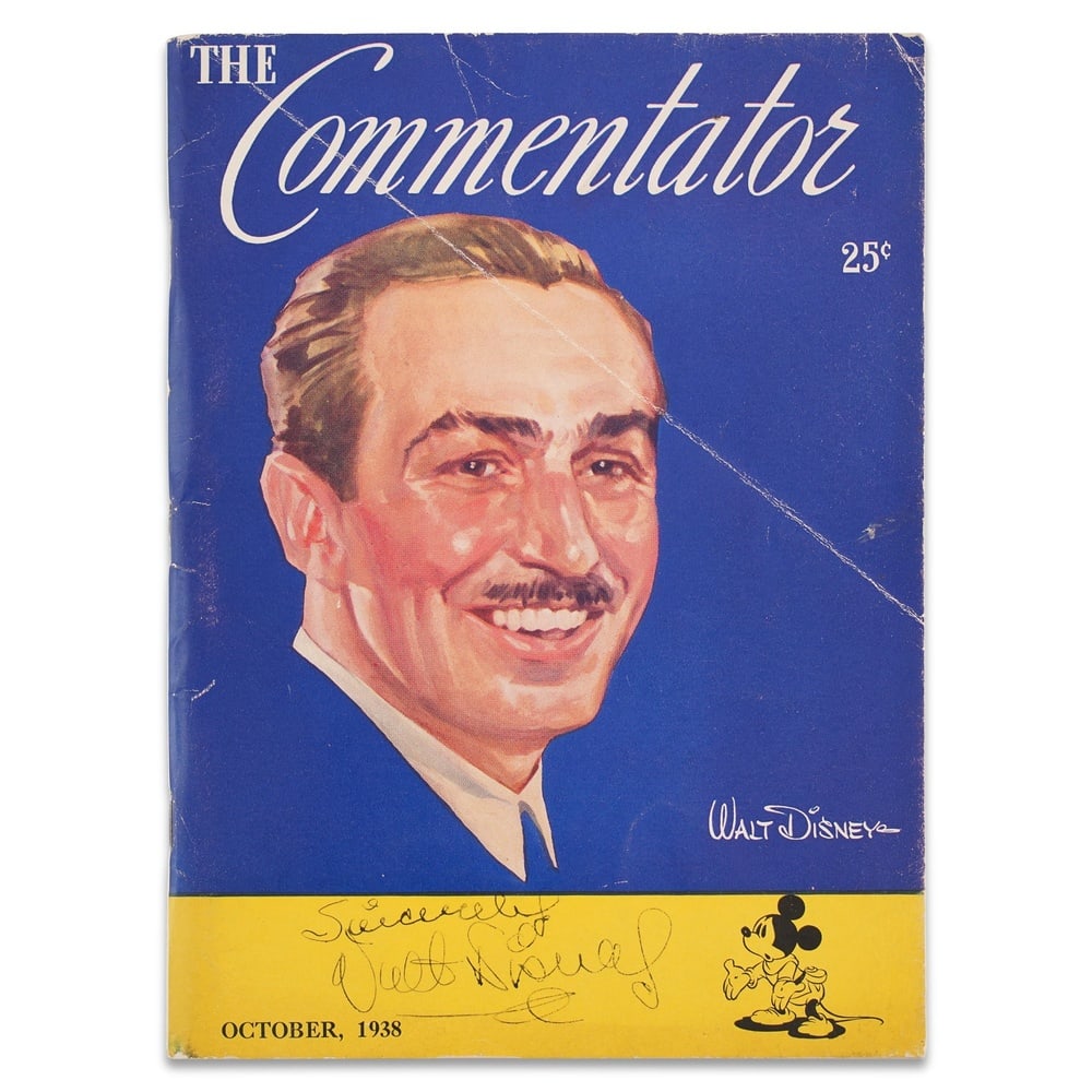 WALT DISNEY SIGNED 1938 "THE COMMENTATOR" MAGAZINE: 5 1/2 x 7 1/2 in (14 x 19.2 cm) Provenance and Authentication: According to the Letter of Authenticity (LOA) and Certificate of Authenticity (COA) provided by the consignor, this collectible was subje