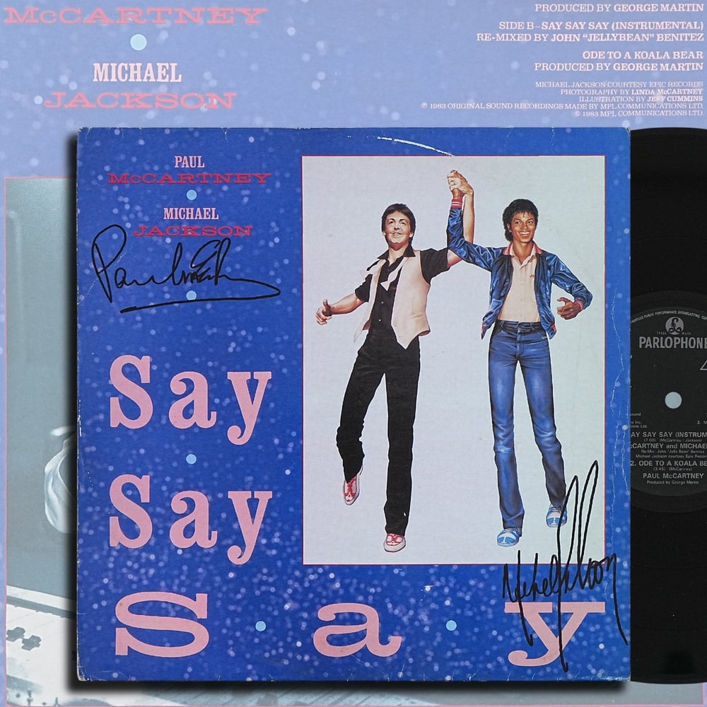 PAUL MCCARTNEY & MICHAEL JACKSON FULLY SIGNED "SAY SAY SAY" U.K. ISSUE 12-INCH SINGLE: 12 1/4 x 12 1/4 in Provenance and Authentication: According to the accompanying documentation provided by the consignor, the signatures have been examined with reference to multiple factors,
