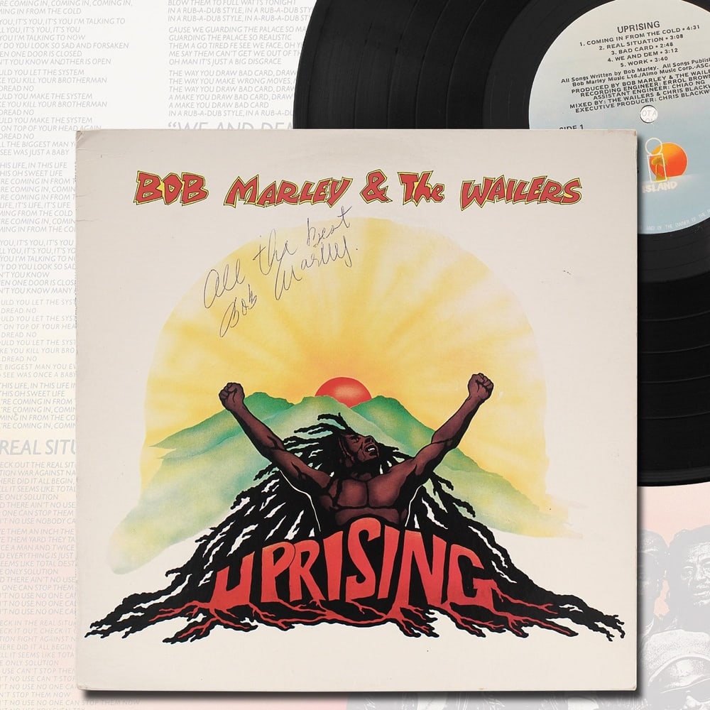 BOB MARLEY SIGNED "UPRISING" LP: 12 1/4 x 12 1/4 in Provenance and Authentication: According to the Letter of Authenticity (LOA) and Certificate of Authenticity (COA) provided by the consignor, this collectible was subjected to a for