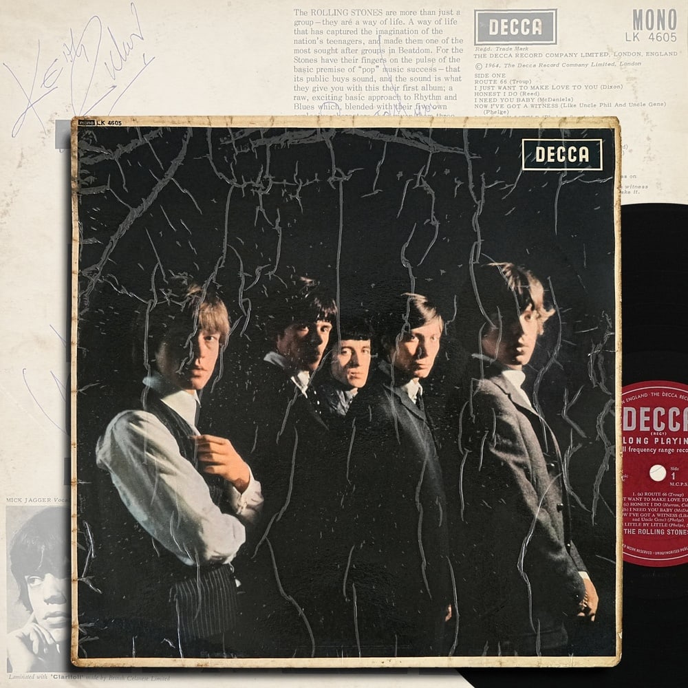 THE ROLLING STONES FULLY SIGNED "THE ROLLING STONES" LP (U.K. FIRST PRESSING): 12 1/4 x 12 1/4 in Released by Decca Records in 1964, The Rolling Stones marked the explosive arrival of one of the most influential rock bands in modern music history. Featuring energetic