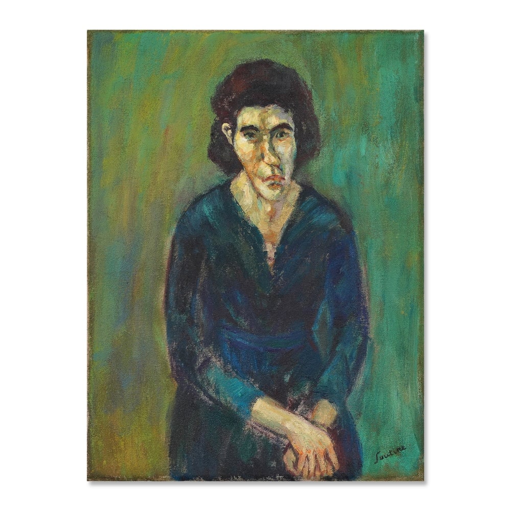 CHAIM SOUTINE (1893-1943), ATTRIBUTED TO, OIL ON CANVAS: Signed (lower right) Image Dimensions: 21 1/2 x 16 in (54.6 x 40.6 cm) This painting comes with COA. A seated female figure is presented frontally against a richly worked green and turquoise backgroun