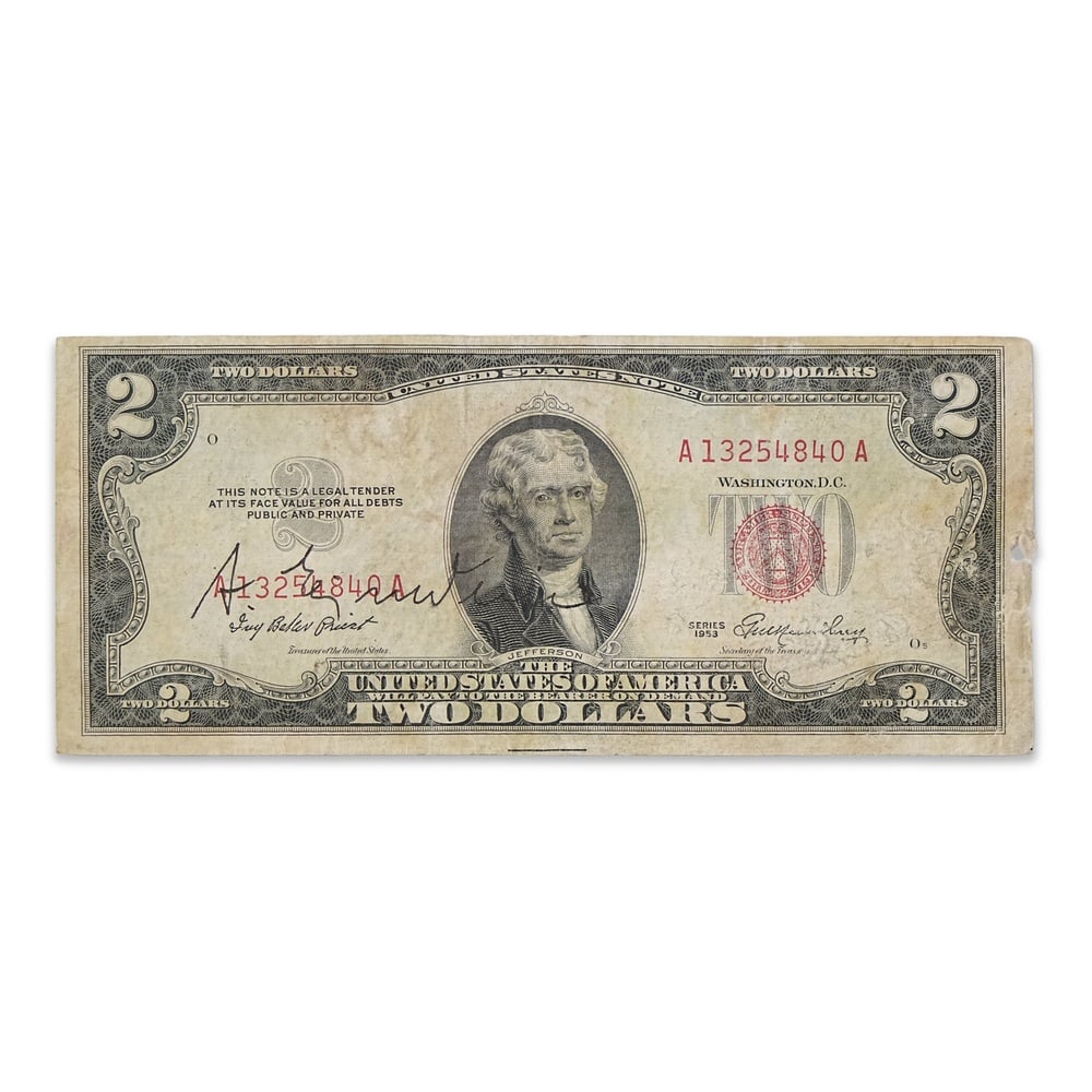 ALBERT EINSTEIN SIGNED SERIES 1953 U.S. TWO DOLLAR NOTE: 6 1/8 x 2 5/8 in (15.6 x 6.6 cm) Provenance and Authentication: According to the Letter of Authenticity (LOA) and Certificate of Authenticity (COA) provided by the consignor, this collectible was