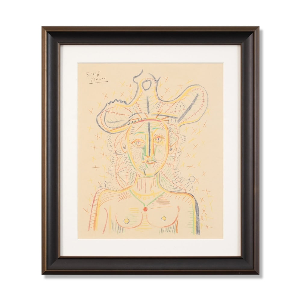 PABLO PICASSO (1881-1973), ATTRIBUTED TO, COLORED WAX CRAYONS ON PAPER: Signed (upper left) Image Dimensions: 18 x 14 7/8 in (45.7 x 37.8 cm) Framed Dimensions: 25 1/4 x 22 in (64 x 56 cm) This painting comes with COA. Pablo Picasso remains one of the most transformative 