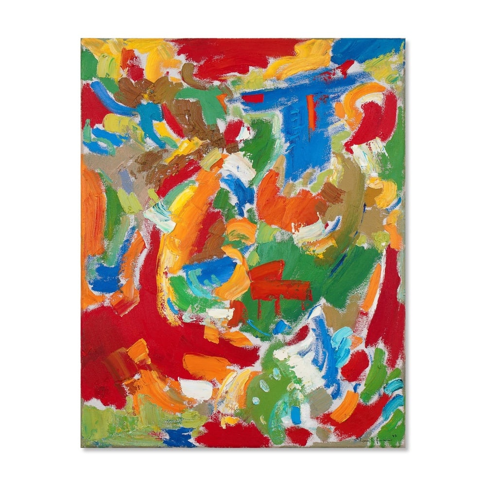 HANS HOFMANN (1880-1966), ATTRIBUTED TO, OIL ON CANVAS: Signed (lower right) Image Dimensions: 39 x 31 in (99 x 78.7 cm) This painting comes with COA. Executed in 1958, this vibrant abstract composition is built through sweeping passages of red, blue, yell