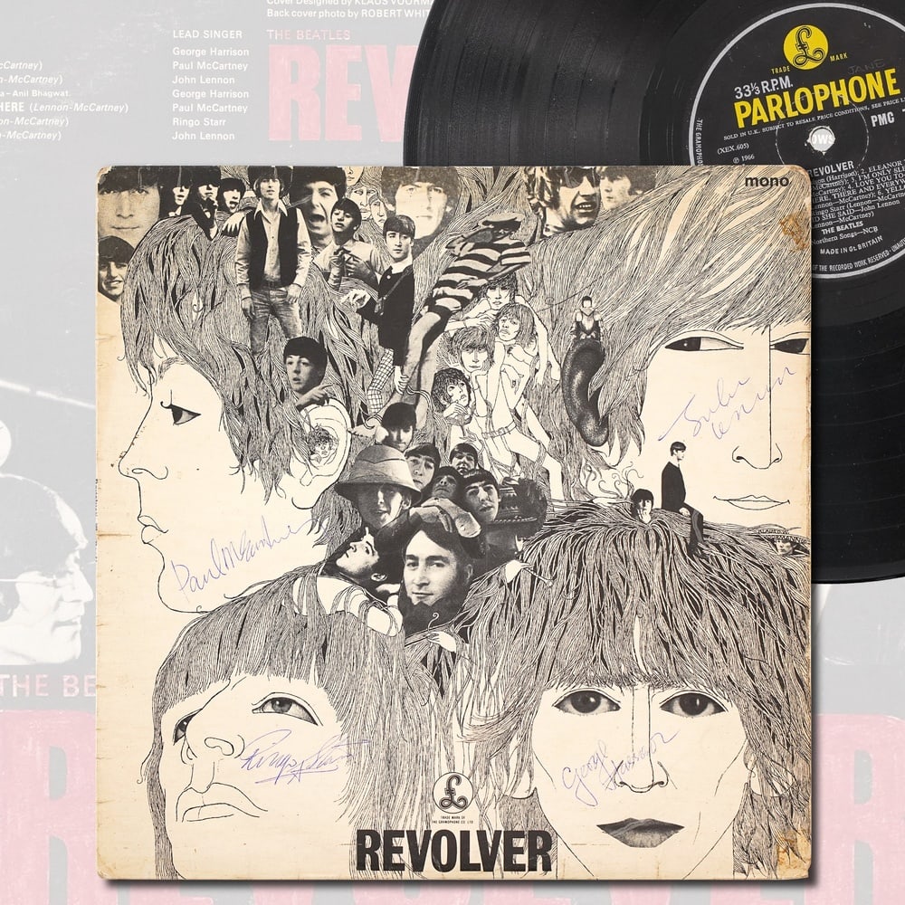 THE BEATLES FULLY SIGNED "REVOLVER" LP: 12 1/4 x 12 1/4 in Provenance and Authentication: According to the Letter of Authenticity (LOA) and Certificate of Authenticity (COA) provided by the consignor, this collectible was subjected to a for