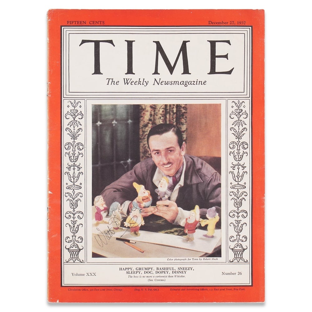 WALT DISNEY SIGNED TIME MAGAZINE (DECEMBER 27, 1937 ISSUE): 11 5/8 x 8 3/8 in (29.4 x 21.4 cm) Provenance and Authentication: According to the Letter of Authenticity (LOA) and Certificate of Authenticity (COA) provided by the consignor, this collectible was su