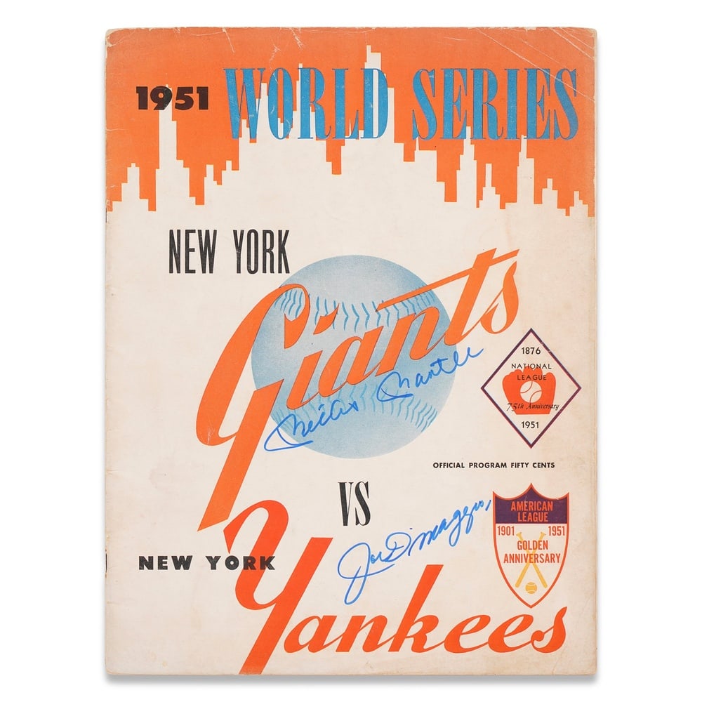 JOE DIMAGGIO & MICKEY MANTLE SIGNED 1951 WORLD SERIES OFFICIAL PROGRAM: 11 5/8 x 8 3/4 in (29.5 x 22.3 cm) Provenance and Authentication: According to the Letter of Authenticity (LOA) and Certificate of Authenticity (COA) provided by the consignor, this collectible was