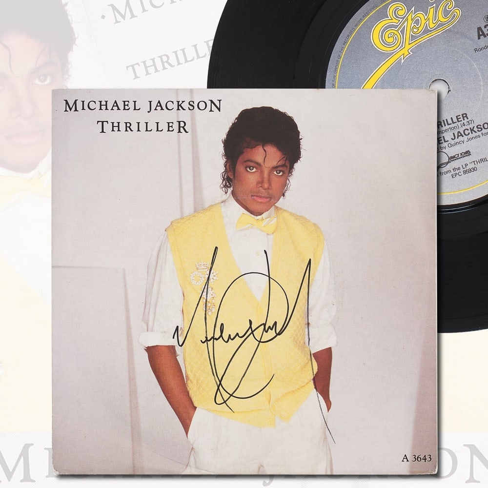 MICHAEL JACKSON SIGNED "THRILLER" 7-INCH SINGLE: 7 x 7 in Provenance and Authentication: According to the Letter of Authenticity (LOA) and Certificate of Authenticity (COA) provided by the consignor, this collectible was subjected to a forensic exam