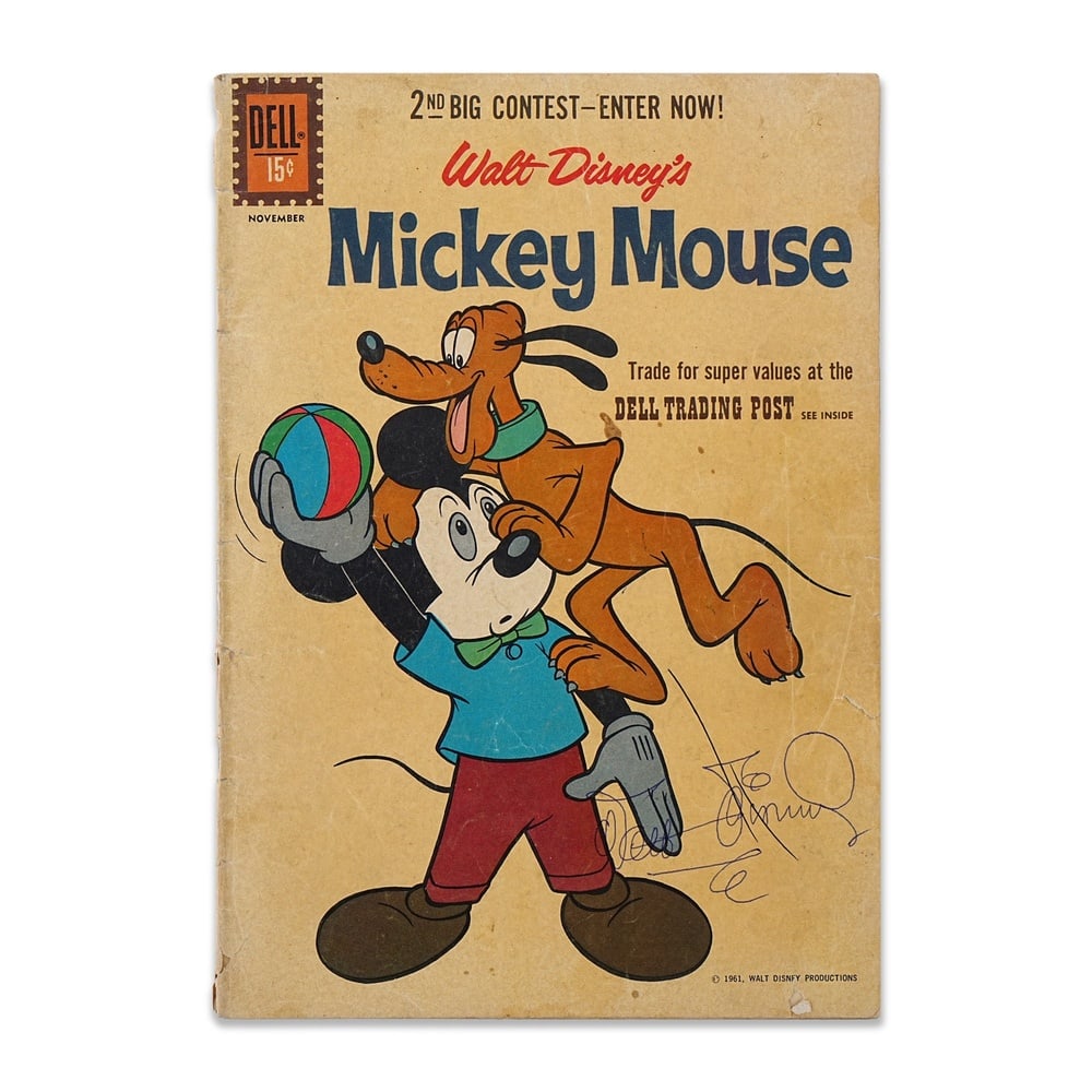 WALT DISNEY SIGNED "WALT DISNEY'S MICKEY MOUSE" (NOVEMBER 1961): 10 1/4 x 7 1/4 in (26 x 18.5 cm) Provenance and Authentication: According to the accompanying documentation provided by the consignor, the signatures have been examined with reference to multiple