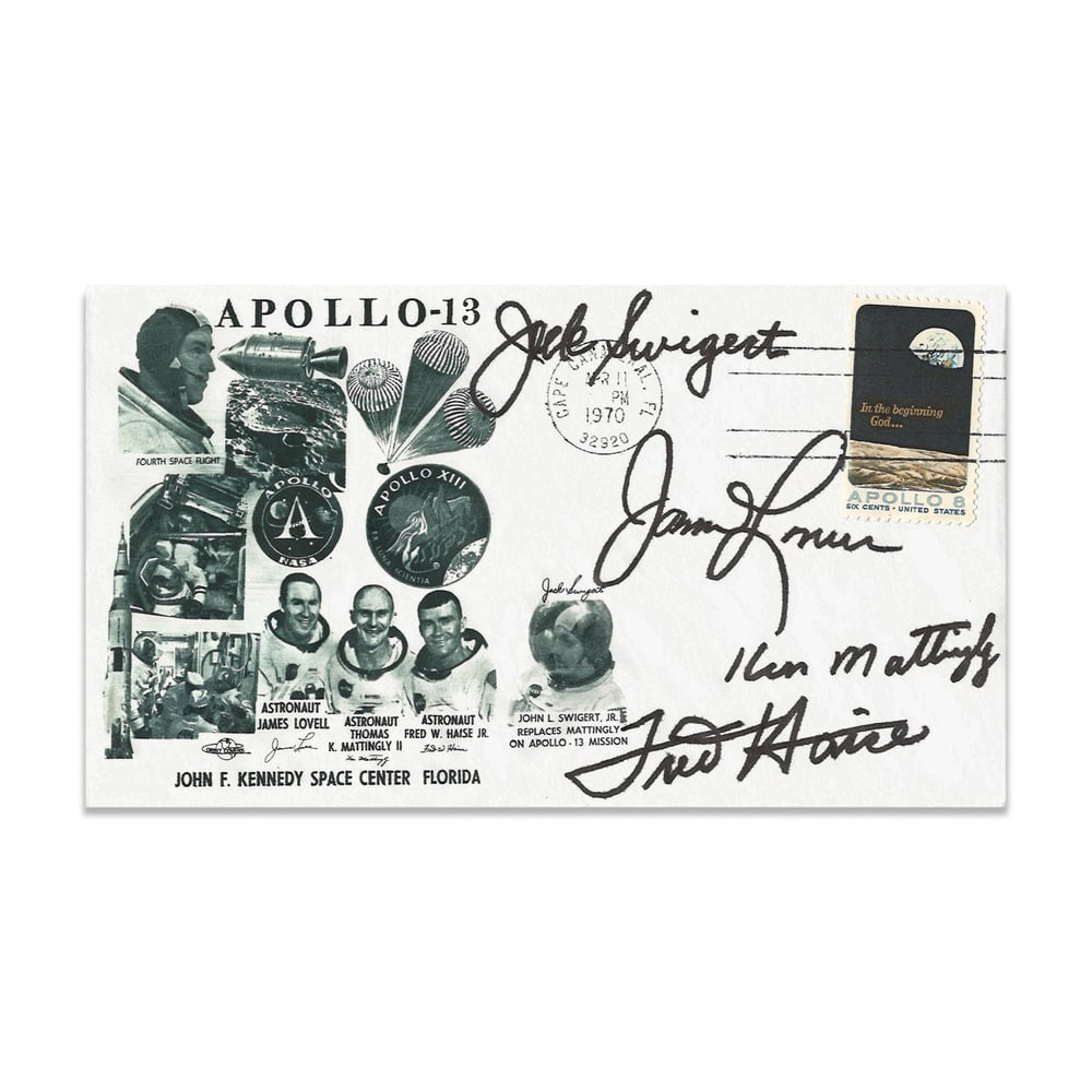 APOLLO 13 CREW FULLY SIGNED FIRST DAY COVER: 6 1/2 x 3 3/4 in (16.6 x 9.4 cm) A First Day Cover commemorating Apollo 13, fully signed by James A. Lovell Jr., John L. Swigert Jr., Fred W. Haise Jr., and Ken Mattingly. The cover features Apollo