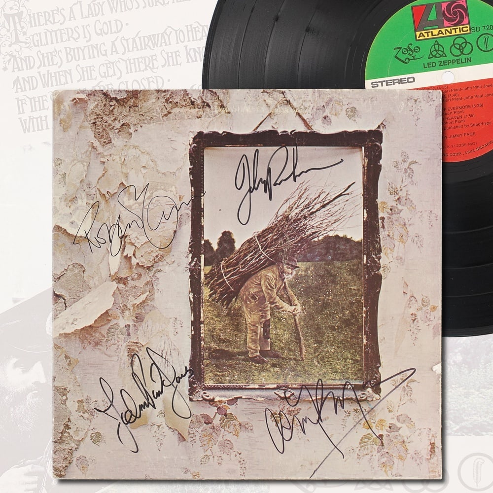 LED ZEPPELIN FULLY SIGNED "LED ZEPPELIN IV (UNTITLED)" LP: 12 1/4 x 12 1/4 in Provenance and Authentication: According to the Letter of Authenticity (LOA) and Certificate of Authenticity (COA) provided by the consignor, this collectible was subjected to a