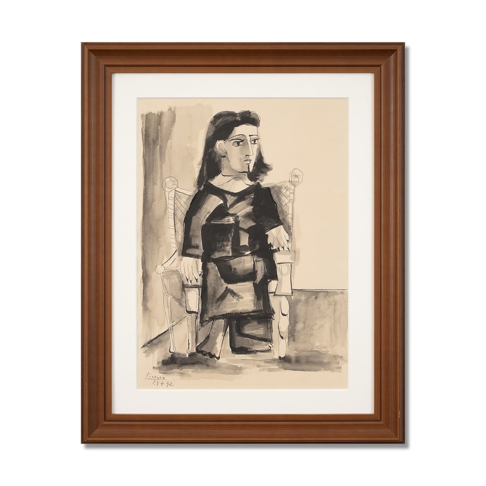 PABLO PICASSO (1881-1973), ATTRIBUTED TO, GOUACHE AND INK ON PAPER: Signed (lower left) Image Dimensions: 21 7/8 x 15 3/4 in (55.5 x 40 cm) Framed Dimensions: 30 1/8 x 24 in (76.5 x 61 cm) This painting comes with COA. Pablo Picasso's exploration of the seated female