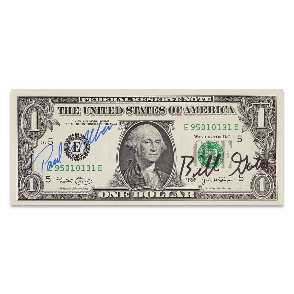BILL GATES & PAUL ALLEN SIGNED 2003 U.S. ONE DOLLAR BILL: 6 1/8 x 2 1/2 in (15.5 x 6.5 cm) Provenance and Authentication: According to the Letter of Authenticity (LOA) and Certificate of Authenticity (COA) provided by the consignor, this collectible was subj