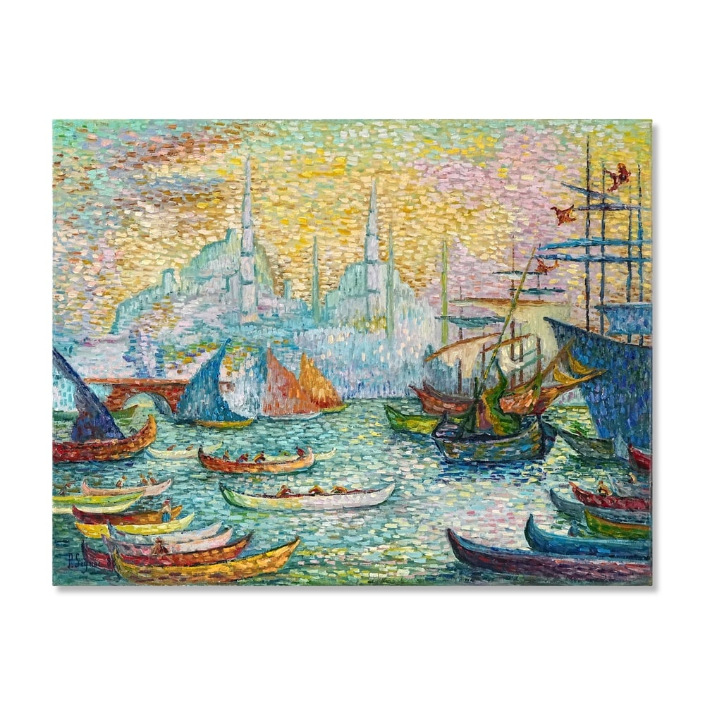 PAUL SIGNAC (1863-1935), ATTRIBUTED TO, OIL ON CANVAS: Signed (lower left) Image Dimensions: 19 3/4 x 25 1/2 in (50.4 x 64.8 cm) This painting comes with COA. This vibrant harbor composition depicts the Golden Horn in Constantinople, presenting a lively