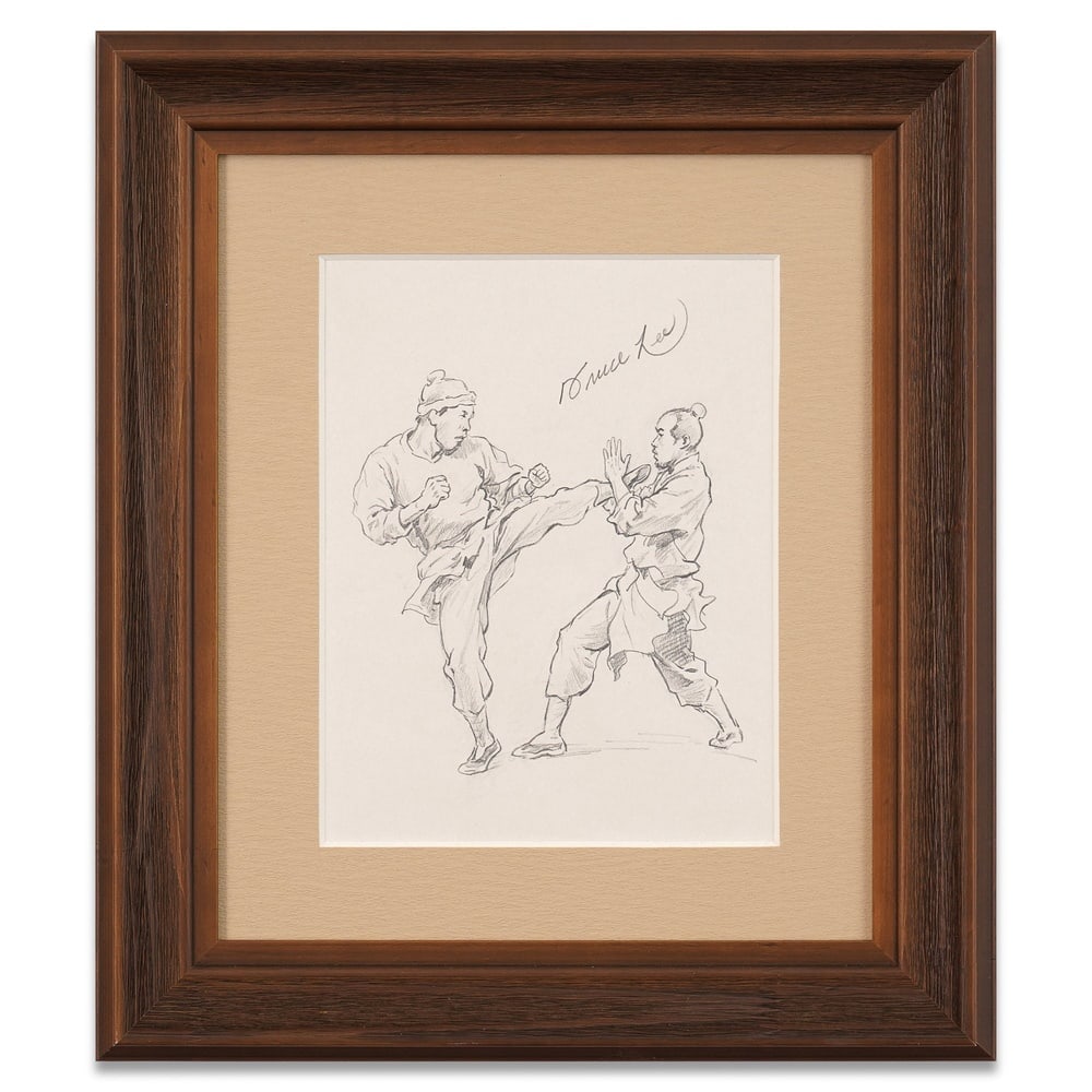 BRUCE LEE SIGNED MARTIAL ARTS DRAWING: Image Dimensions: 10 5/8 x 8 1/4 in (27.1 x 21 cm) Framed Dimensions: 19 1/8 x 16 3/4 in (48.7 x 42.5 cm) Provenance and Authentication: According to the Letter of Authenticity (LOA) and Certificate