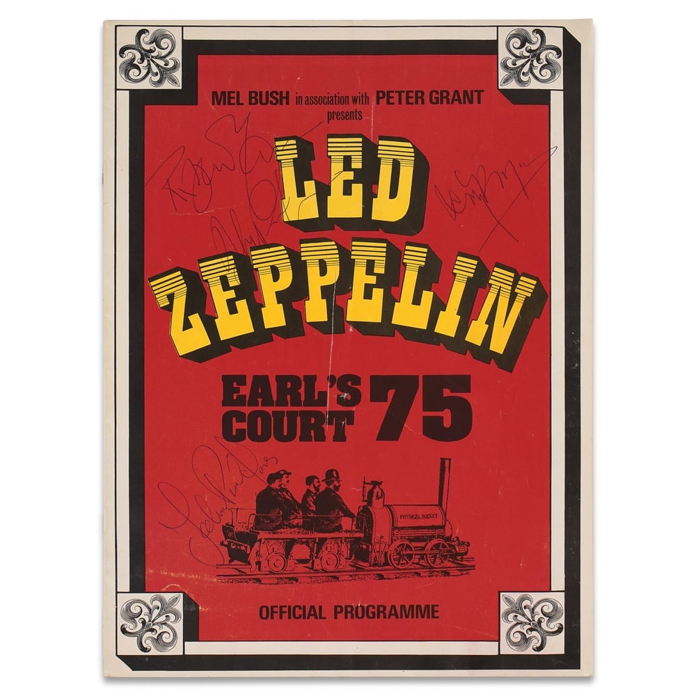 LED ZEPPELIN SIGNED EARL'S COURT '75 OFFICIAL PROGRAMME: 11 5/8 x 8 1/4 in (29.5 x 21 cm) Provenance and Authentication: According to the Letter of Authenticity (LOA) and Certificate of Authenticity (COA) provided by the consignor, this collectible was subj