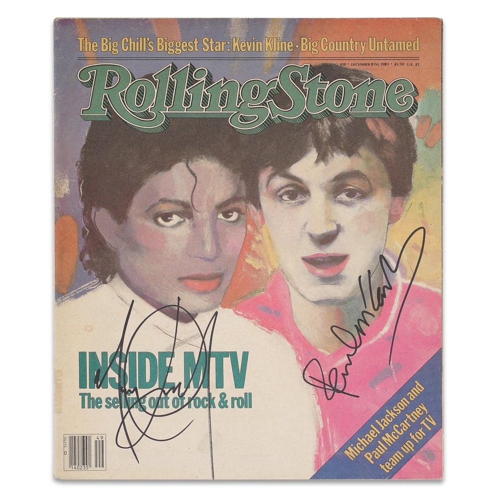 MICHAEL JACKSON & PAUL MCCARTNEY SIGNED "ROLLING STONE" MAGAZINE, DECEMBER 8, 1983: 12 1/2 x 10 1/2 in (31.8 x 26.7 cm) Provenance and Authentication: According to the Letter of Authenticity (LOA) and Certificate of Authenticity (COA) provided by the consignor, this collectible was s