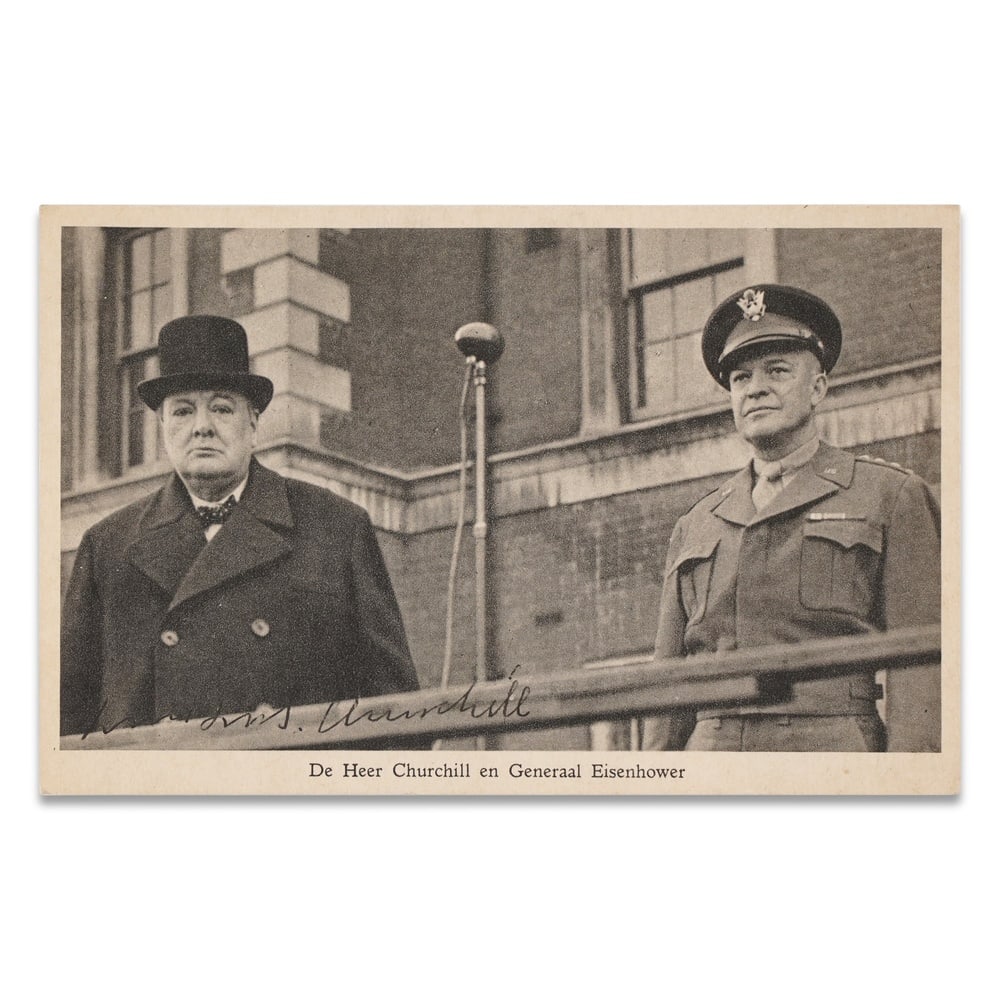 WINSTON CHURCHILL SIGNED POSTCARD: 5 1/2 x 3 1/2 in (14 x 9 cm) Provenance and Authentication: According to the Letter of Authenticity (LOA) and Certificate of Authenticity (COA) provided by the consignor, this collectible was