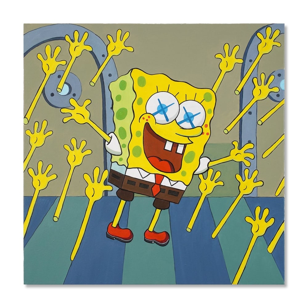 KAWS (B. 1974), ATTRIBUTED TO, ACRYLIC ON CANVAS: Signed (verso) Image Dimensions: 24 x 24 in (61 x 61 cm) This painting comes with COA. All Hands Up, executed in 2012, presents a vivid and immediately recognizable composition centered upon a