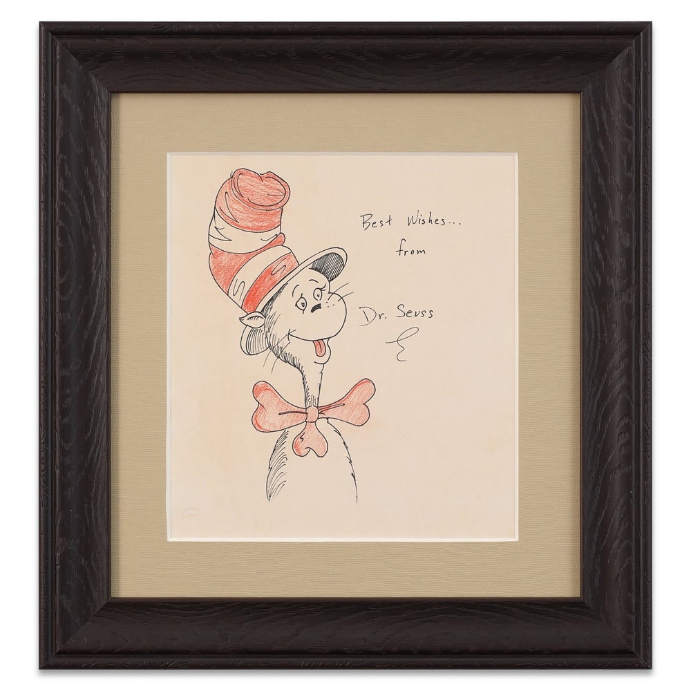 DR. SEUSS SIGNED "THE CAT IN THE HAT" DRAWING: Image Dimensions: 11 3/8 x 10 1/4 in (28.8 x 25.9 cm) Framed Dimensions: 19 1/4 x 18 1/8 in (49 x 46.1 cm) Provenance and Authentication: According to the Letter of Authenticity (LOA) and Certificate