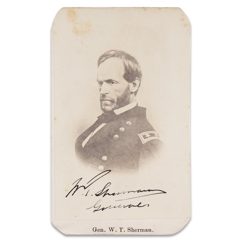 WILLIAM T. SHERMAN SIGNED CDV PHOTOGRAPH: 3 7/8 x 2 3/8 in (9.9 x 6 cm) Provenance and Authentication: According to the Letter of Authenticity (LOA) and Certificate of Authenticity (COA) provided by the consignor, this collectible was