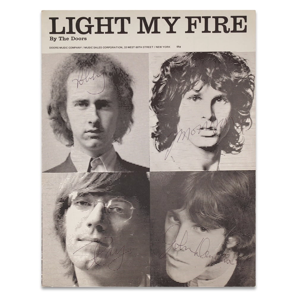 THE DOORS FULLY SIGNED "LIGHT MY FIRE" SHEET MUSIC: 12 x 9 1/8 in (30.5 x 23 cm) Provenance and Authentication: According to the Letter of Authenticity (LOA) and Certificate of Authenticity (COA) provided by the consignor, this collectible was