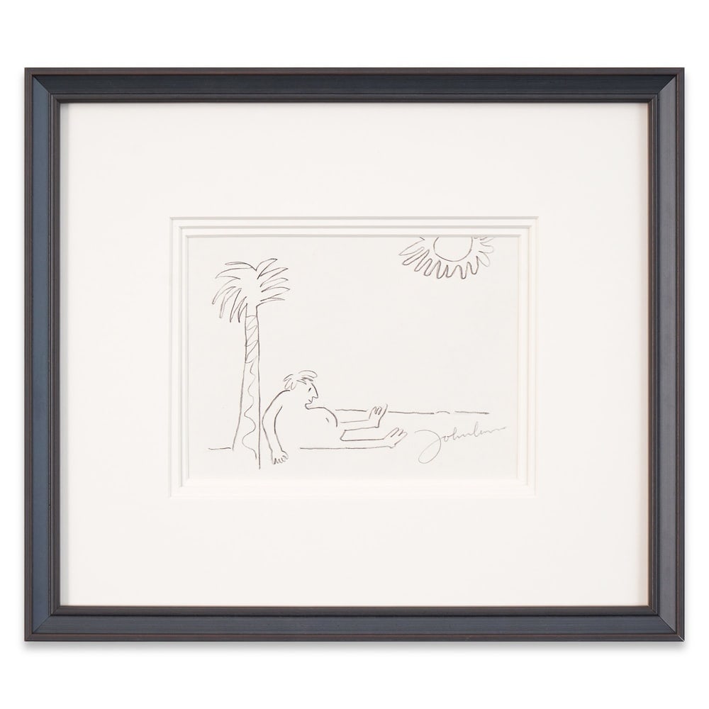 JOHN LENNON SIGNED SKETCH: Image Dimensions: 5 3/4 x 7 7/8 in (14.5 x 20 cm) Framed Dimensions: 13 5/8 x 15 1/2 in (34.5 x 39.5 cm) Provenance and Authentication: According to the Letter of Authenticity (LOA) and Certificate
