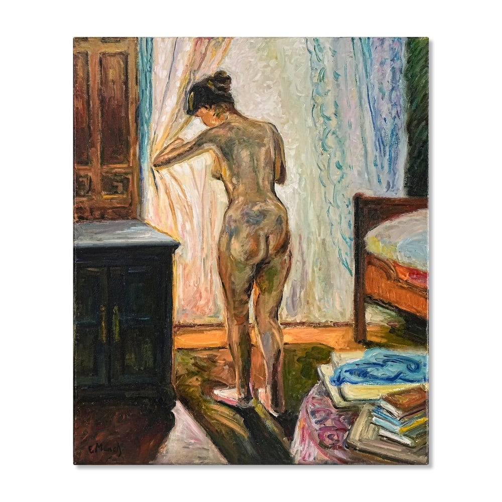 EDVARD MUNCH (1863-1944), ATTRIBUTED TO, OIL ON CANVAS: Signed (lower left) Image Dimensions: 25 3/4 x 21 1/4 in (65 x 54.2 cm) This painting comes with COA. The composition centers on a nude female figure standing before a window in an intimate interior.