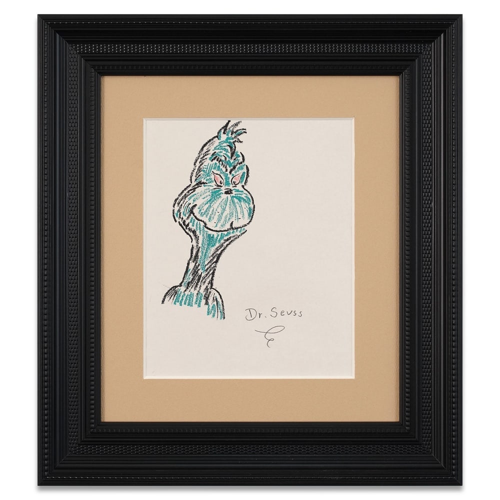 DR. SEUSS SIGNED CHARACTER DRAWING: Image Dimensions: 10 1/2 x 8 1/2 in (26.7 x 21.5 cm) Framed Dimensions: 19 1/4 x 17 1/8 in (49 x 43.6 cm) Provenance and Authentication: According to the Letter of Authenticity (LOA) and Certificate