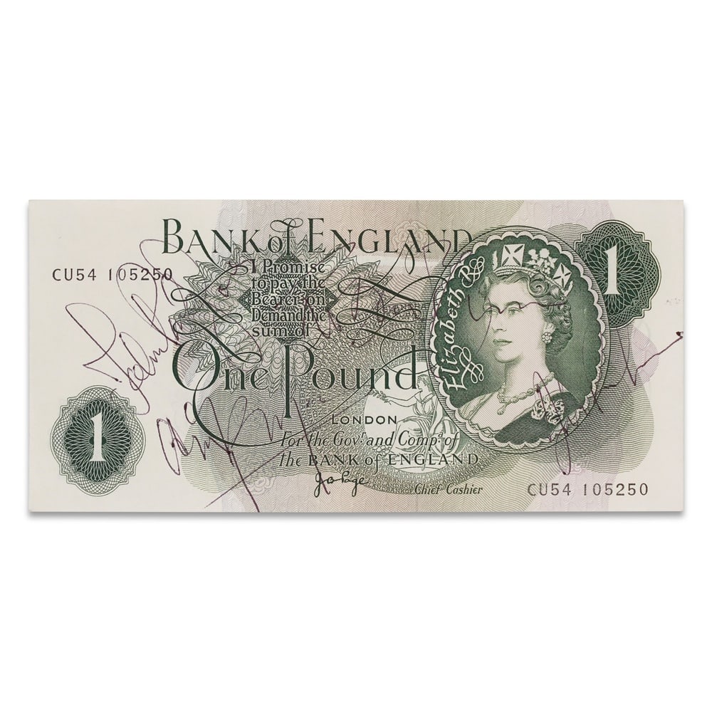LED ZEPPELIN SIGNED VINTAGE BANK OF ENGLAND £1 NOTE: 6 x 2 7/8 in (15.2 x 7.2 cm) Provenance and Authentication: According to the Letter of Authenticity (LOA) and Certificate of Authenticity (COA) provided by the consignor, this collectible was
