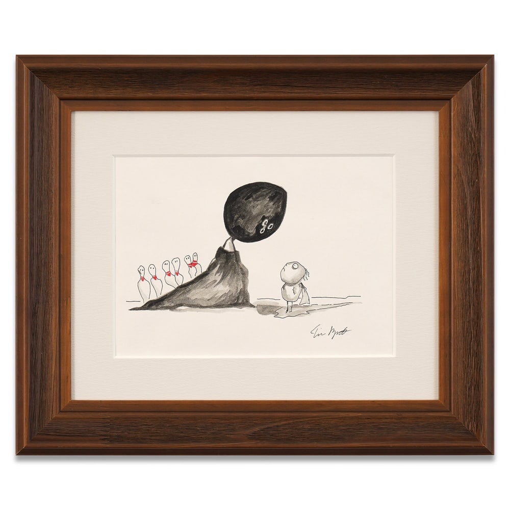 TIM BURTON SIGNED INK AND WATERCOLOR DRAWING: Image Dimensions: 8 x 11 1/4 in (20.3 x 28.5 cm) Framed Dimensions: 16 3/8 x 19 5/8 in (41.7 x 49.7 cm) Provenance and Authentication: According to the Letter of Authenticity (LOA) and Certificate of