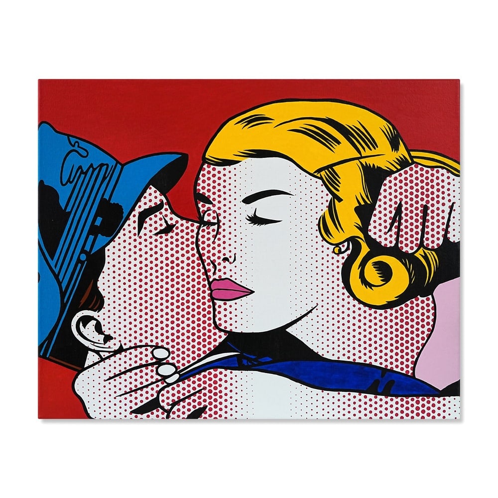 ROY LICHTENSTEIN (1923-1997), ATTRIBUTED TO, OIL AND MAGNA ON CANVAS: Signed (verso) Image Dimensions: 24 1/8 x 30 1/8 in (61.2 x 76.4 cm) This painting comes with COA. Executed in 1994, The Kiss brings together several of the most recognizable elements of Roy