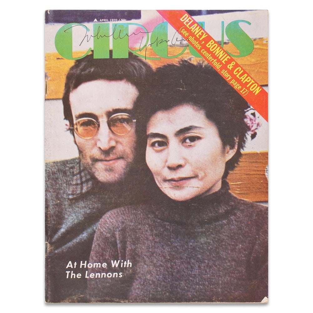 JOHN LENNON & YOKO ONO SIGNED APRIL 1970 CIRCUS MAGAZINE: 11 x 8 1/4 in (28 x 20.8 cm) Provenance and Authentication: According to the Letter of Authenticity (LOA) and Certificate of Authenticity (COA) provided by the consignor, this collectible was subjecte