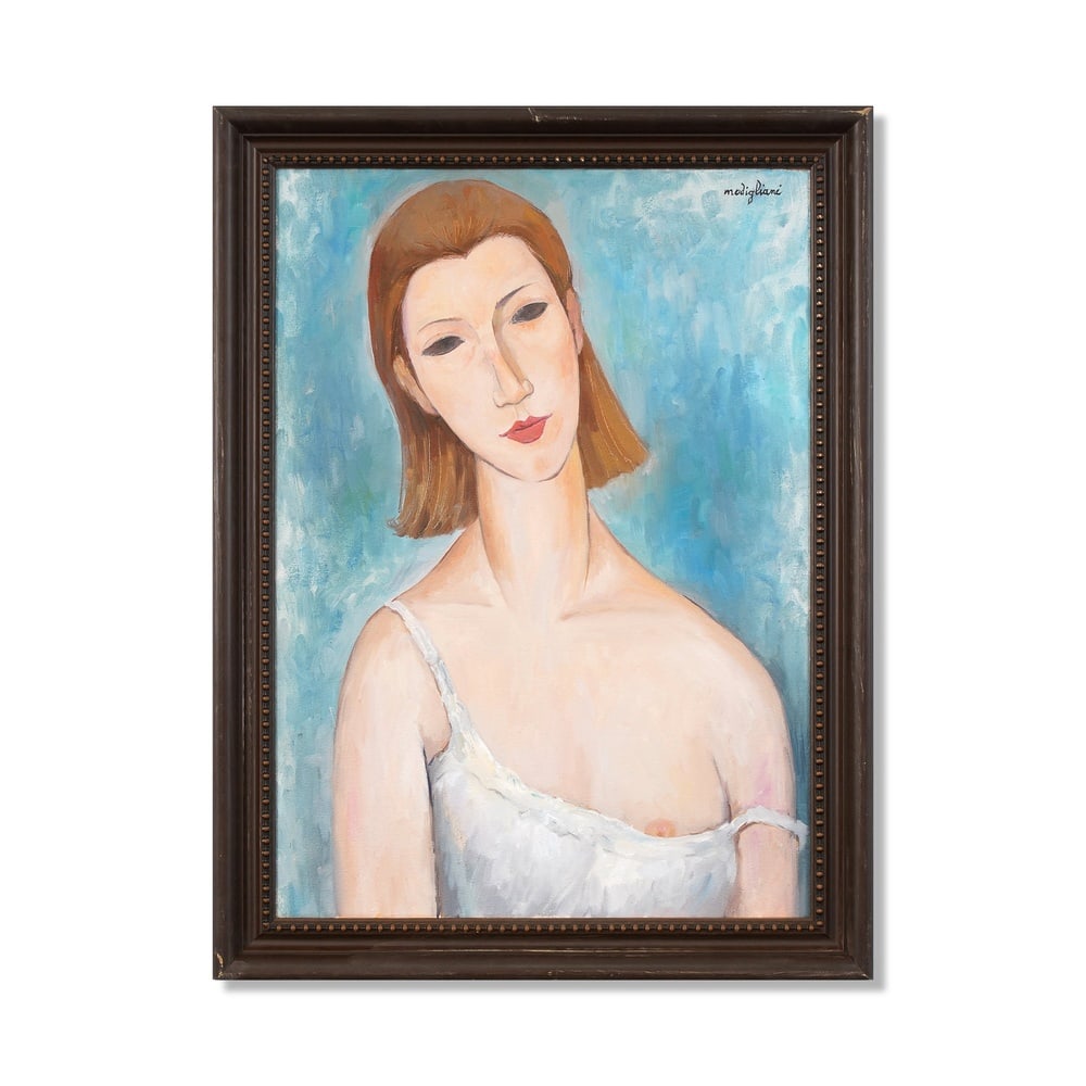 AMEDEO MODIGLIANI (1884-1920), ATTRIBUTED TO, OIL ON CANVAS: Signed (upper right) Image Dimensions: 25 5/8 x 18 1/4 in (65.2 x 46.5 cm) Framed Dimensions: 29 3/4 x 22 1/2 in (75.5 x 57 cm) This painting comes with COA. Amedeo Modigliani remains one of the most 