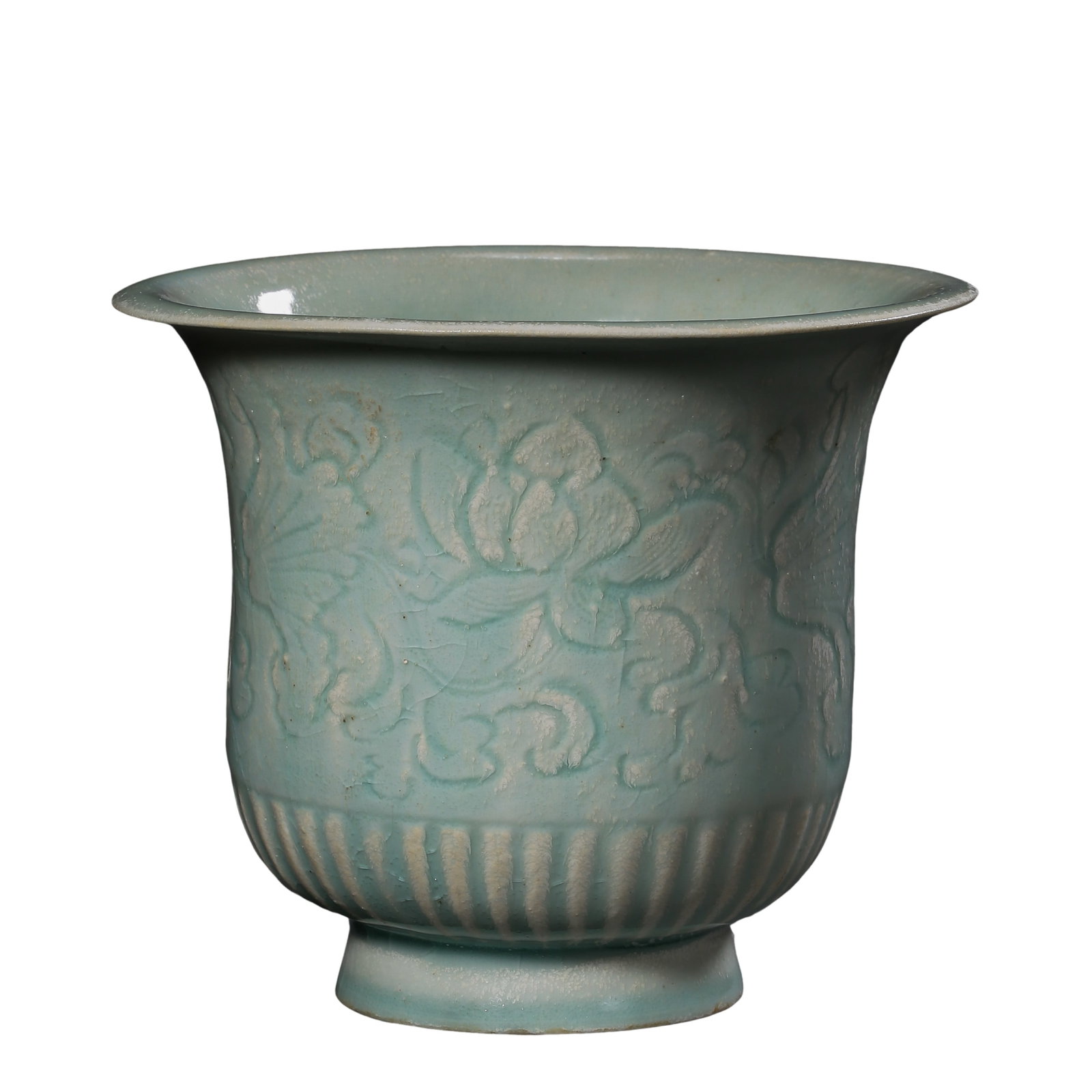 Southern Song Dynasty (12thâ€“13th Century) Qingbai Glazed Carved Lotus Scroll Chrysanthemum Petal: Size: 12.5 cm (4.9 in.) in diameter, 10.3 cm (4.1 in.) in height, 12th–13th Century.Condition & Provenance: Good overall condition. The vessel retains a warm translucent glaze with natural fine craz
