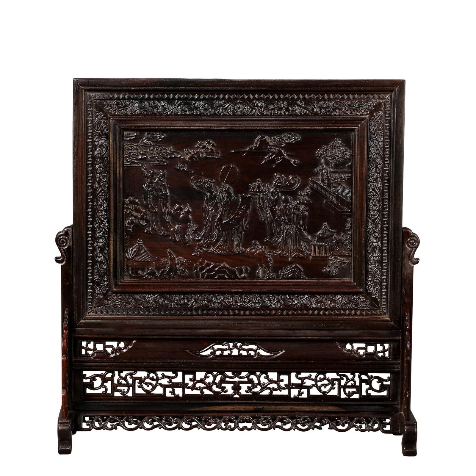 Qing Dynasty Large Zitan Wood Carved Scholar’s Table Screen with “Immortals Celebrating: Dimensions: Height 48 cm, Width 46.5 cm (approx. Height 18.9 in, Width 18.3 in), Qing Dynasty, 18th–19th Century?Condition & Provenance: Good overall condition. The zitan wood structure remains inta