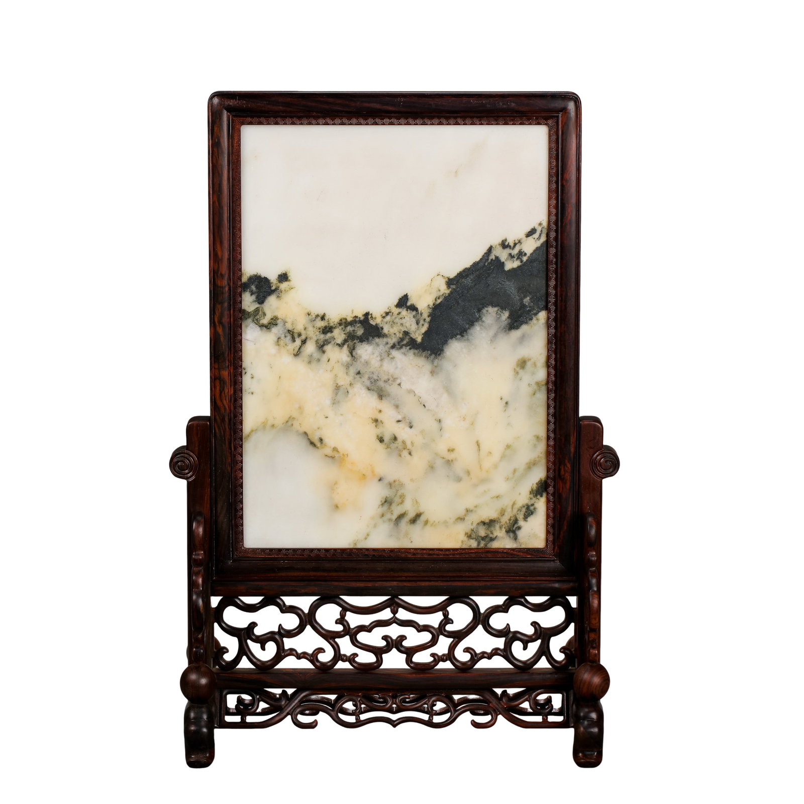 Mid Qing Dynasty (18th Century) Rosewood Table Screen with Natural Cloud Marble Landscape Panel: Dimensions: Height 54.3 cm (21.4 in), Width 37 cm (14.6 in); 18th Century Qing Dynasty scholar’s studio furnishing?Condition & Provenance: Good overall condition. The rosewood frame remains intact w