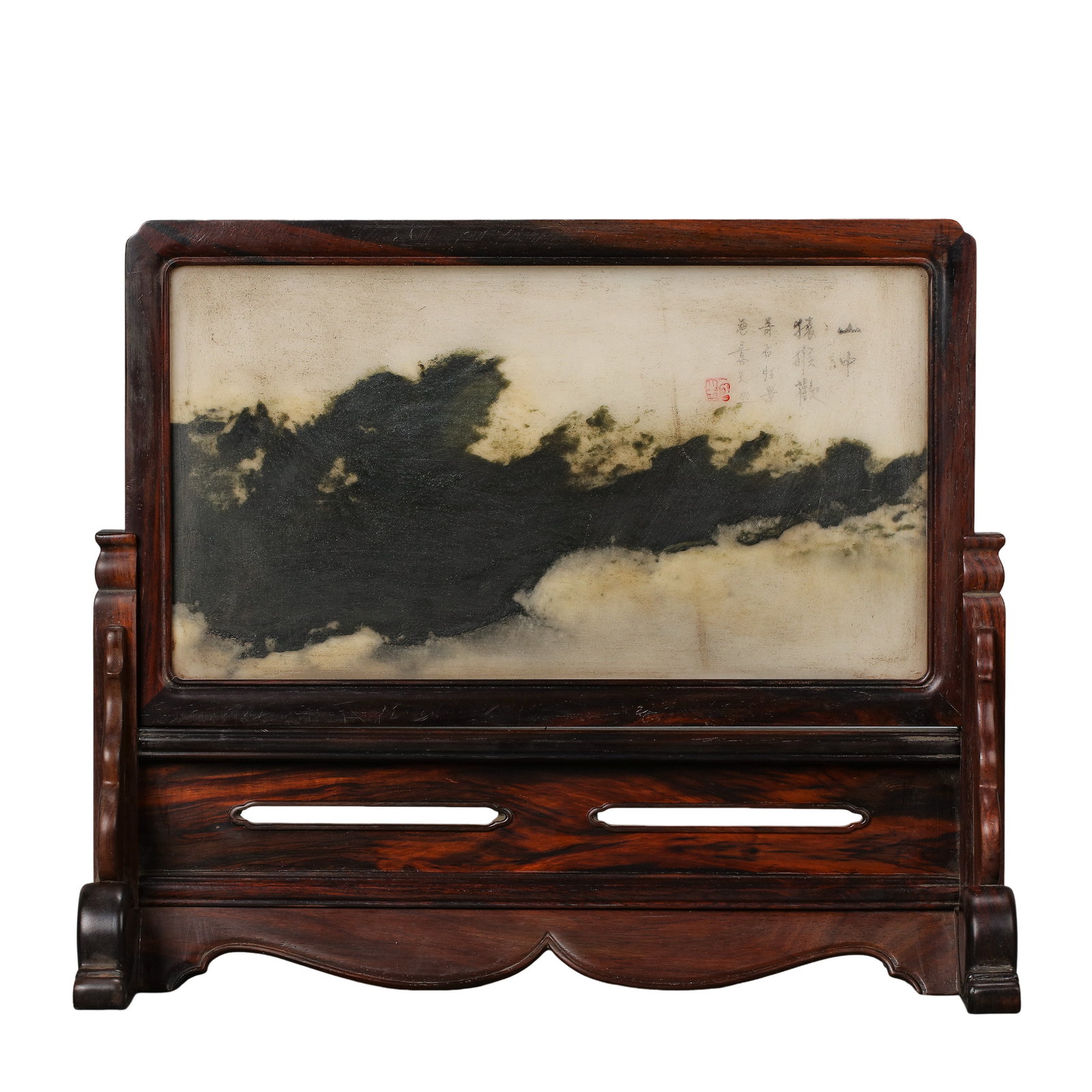 Qing Dynasty (18th–19th Century) Small Rosewood Table Screen with Natural Marble Landscape Panel: Dimensions: Height 27 cm (10.6 in), Width 32 cm (12.6 in); 18th–19th Century?Condition & Provenance: Overall well preserved with a stable structure. The rosewood frame displays a rich aged patina, w