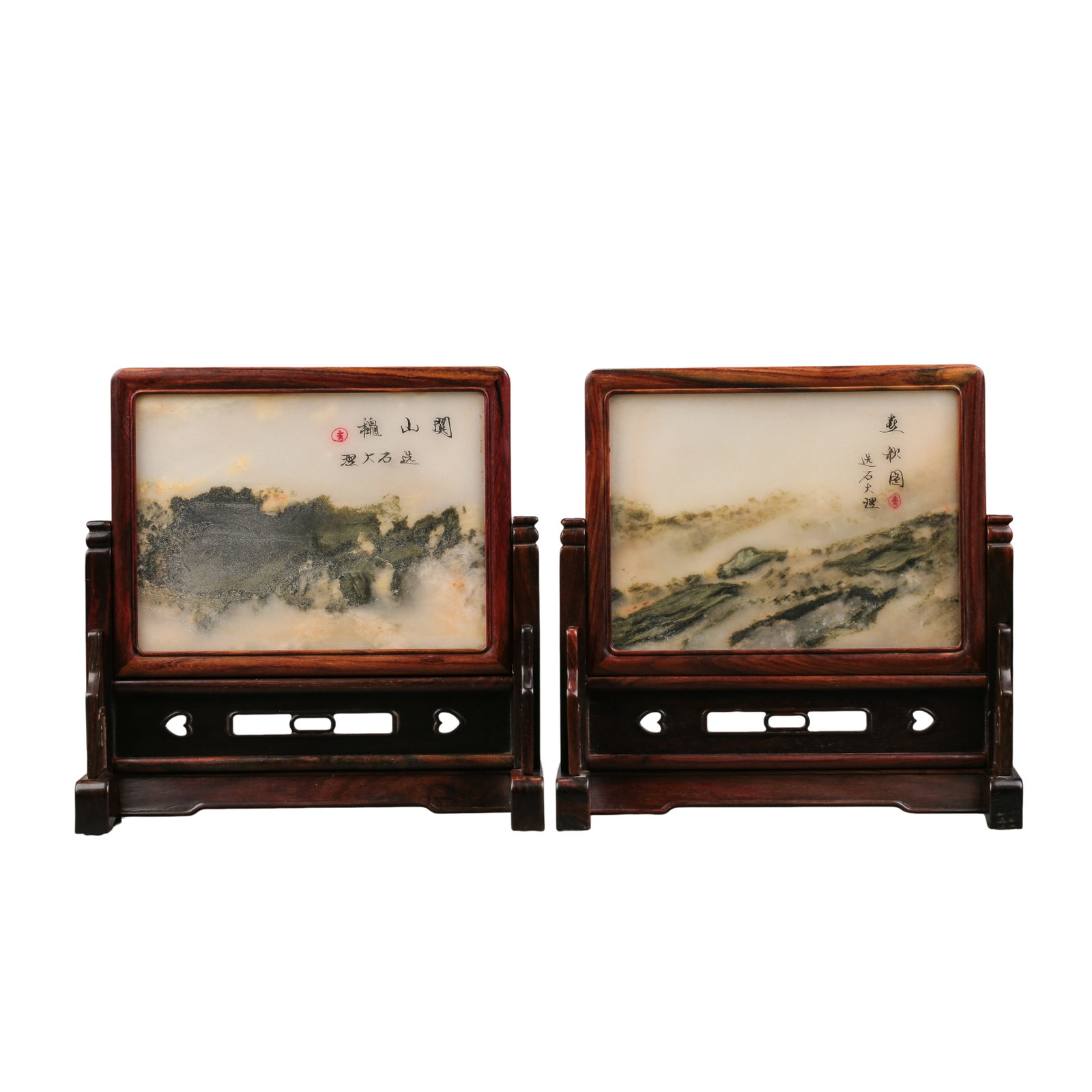 Qing Dynasty (18th–19th Century) Pair of Rosewood Table Screens with Natural Marble Landscape: Dimensions: Each screen: Height 26 cm (10.2 in), Width 25.5 cm (10 in); 18th–19th Century?Condition & Provenance: The pair remains in very good condition with a stable structure and well-preserved o