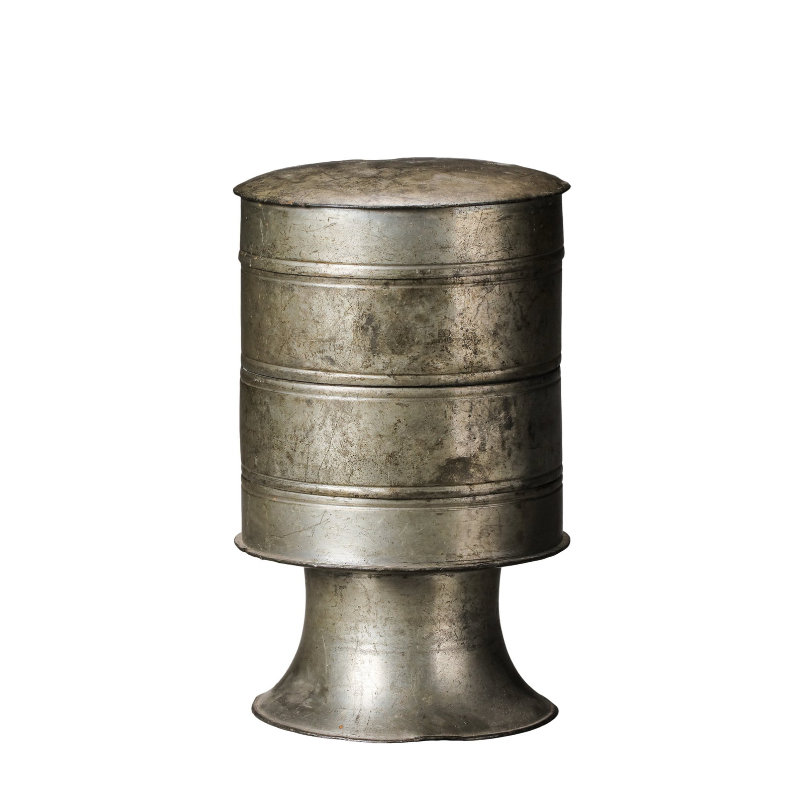 Qing Dynasty (18thâ€“19th Century) Three-Tier Pewter Covered Box with Raised Stem Base: Dimensions: Height 16 cm (6.3 in), diameter 10.5 cm (4.1 in), weight 1036 g?Condition & Provenance: Good overall condition with a naturally aged silver-gray surface, old patina, authentic wear marks, 
