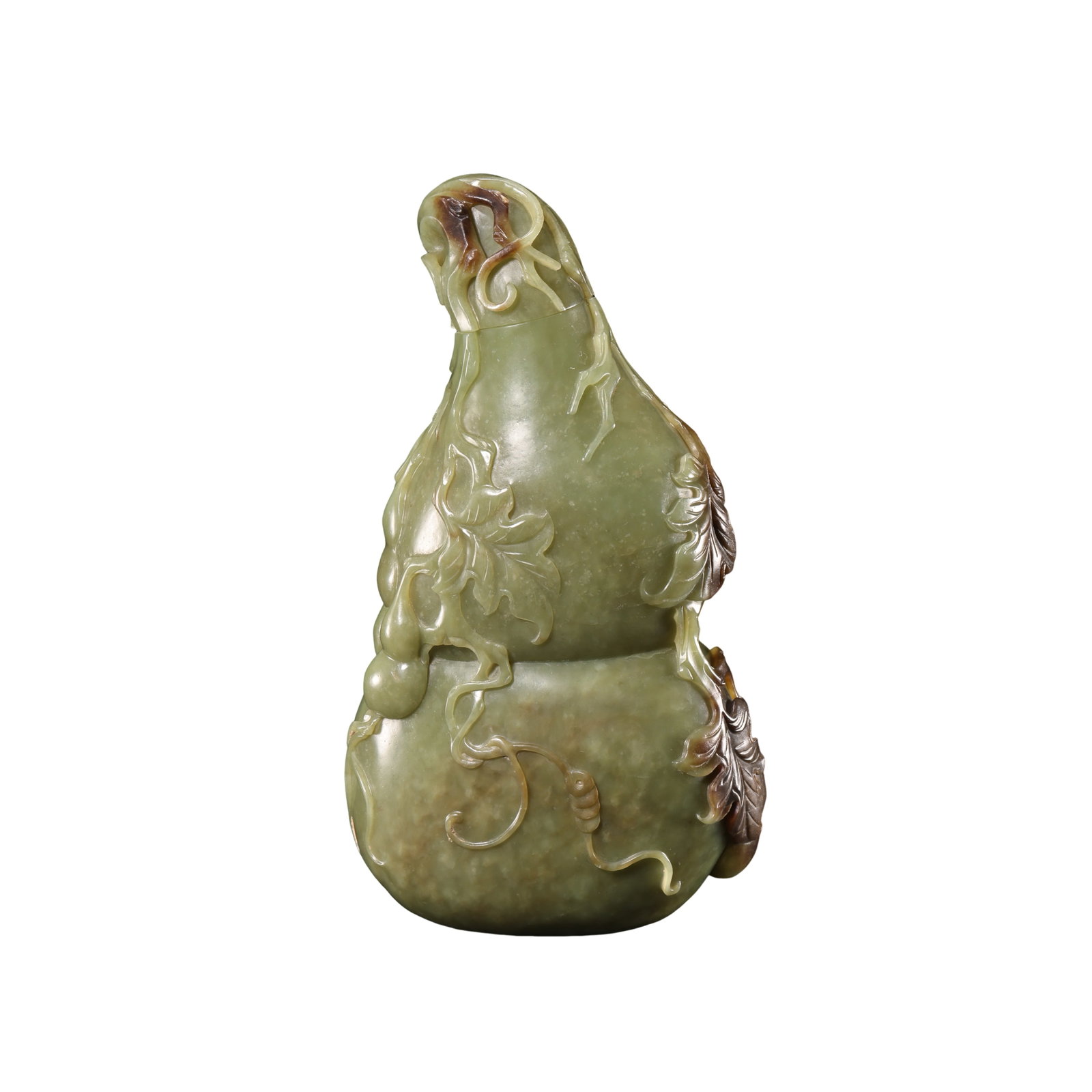 Qing Dynasty (18th Century) Hetian Jade “Fulu Wandai?? Double-Gourd Covered Vase with Natural: Dimensions: Height 21 cm (8.3 in), width 12 cm (4.7 in), weight 1153 g, 18th Century?Condition & Provenance:Good overall condition with a well-preserved structure. The Hetian jade surface displays a s