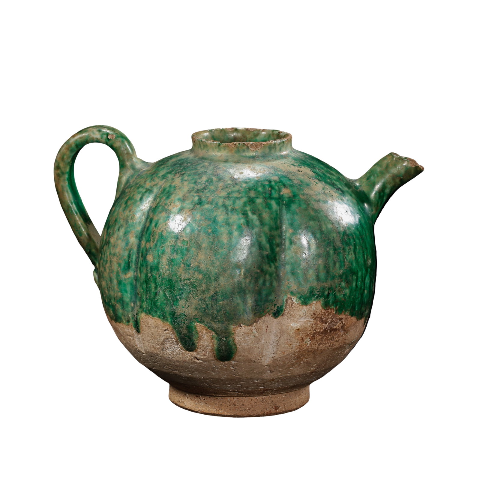 Liao Dynasty Green?Glazed Melon?Shaped Ewer: Dimensions: Height 11.5 cm (4.5 in), maximum body diameter 16 cm (6.3 in), 11th–13th Century?Condition &Provenance: Good overall condition with the original form preserved. The spout and handle rema