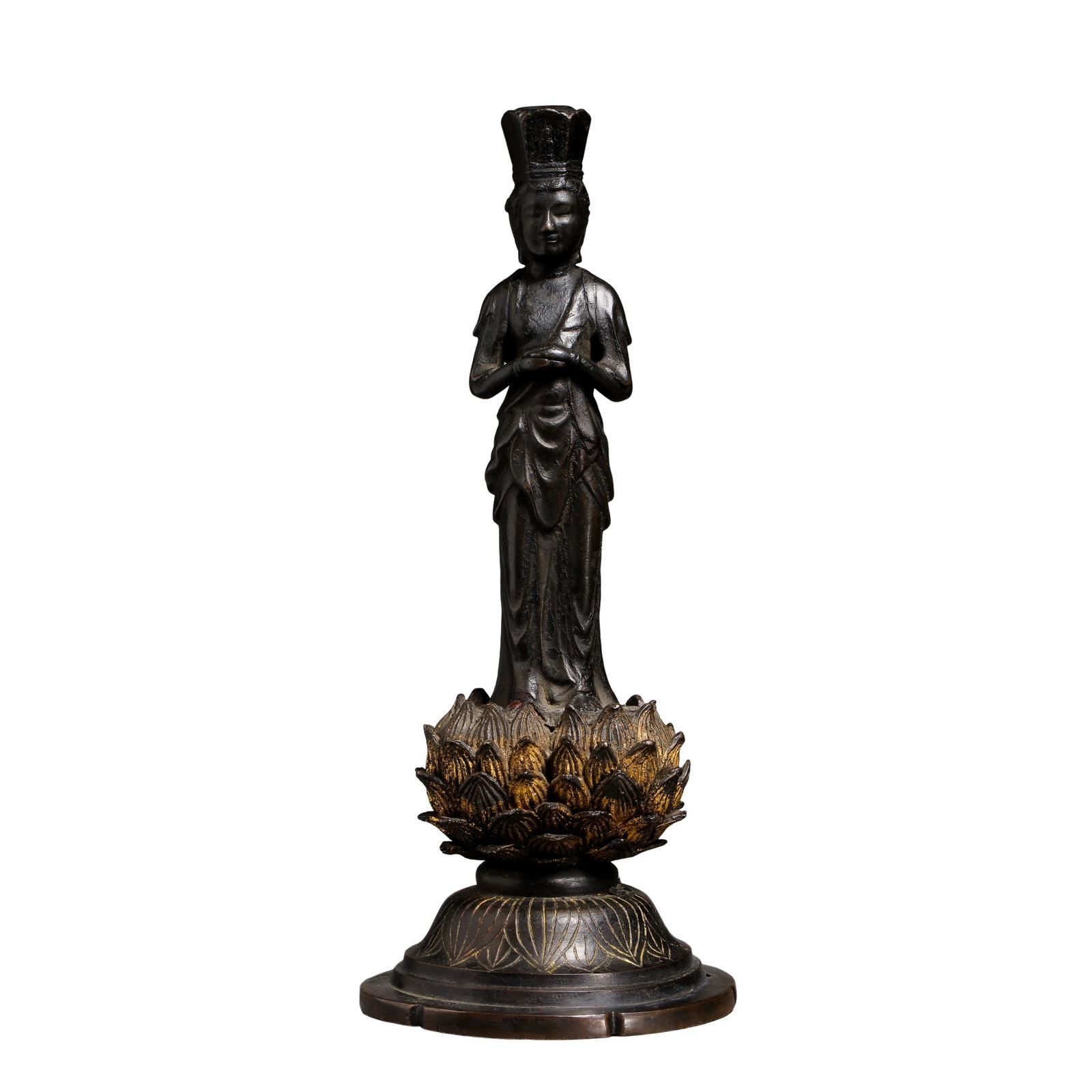 Ming Dynasty (15th–17th Century) Partial Gilt Bronze Standing Bodhisattva Figure: Dimensions: Height 26 cm (10.2 in), base diameter 10.6 cm (4.2 in), weight 2,254 g, 15th–17th Century?Condition & Provenance: Overall in good condition with the complete figure, lotus pedestal, and 