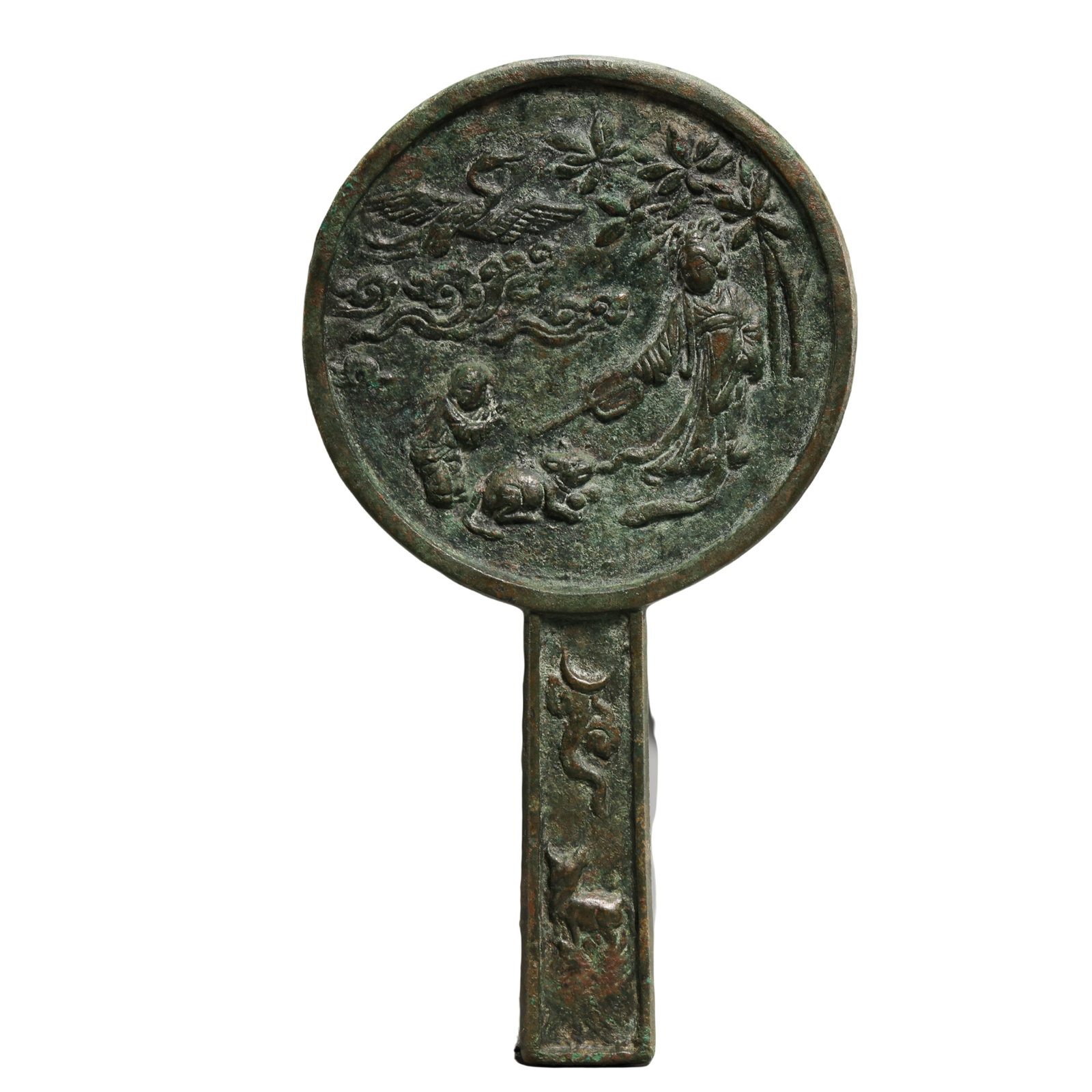 Song Dynasty Bronze Handled Mirror With Moon?Palace Scene Pattern: Dimensions:Overall length 17.2cm(6.77in),Round mirror face diameter 10.1cm(3.98in),10th?13th Century?Condition & Provenance:Entire piece cast in one?piece piece?mold technique.Mirror body is complete