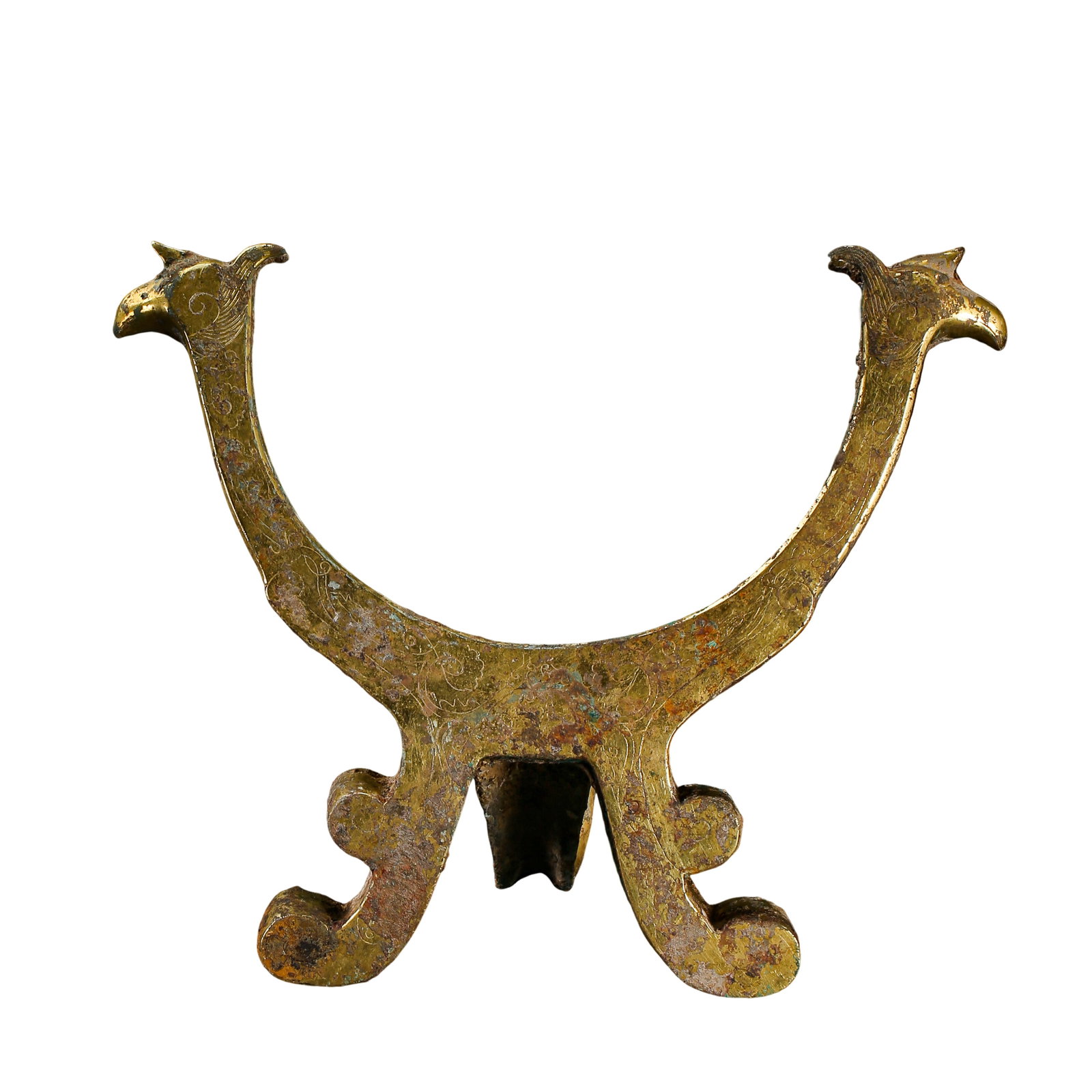 Tang Dynasty (7th–10th Century) Gilt Bronze Double Phoenix Decorative Support Stand: Dimensions: Height 18 cm (7.1 in), width 23.5 cm (9.3 in), weight 884 g, 7th–10th Century?Condition &Provenance: The piece remains in good overall condition with a complete structure. Portions of